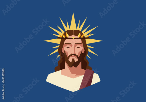 A graphic depiction of Jesus with a golden halo against a blue background