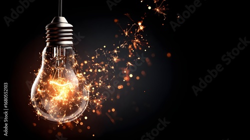 A glowing lightbulb, suspended against a dark backdrop, showcases sparks of innovation and creativity.