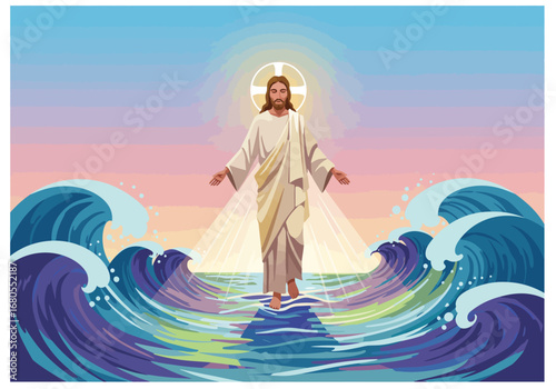 A person in white clothes walking on water with wavy ocean and halo