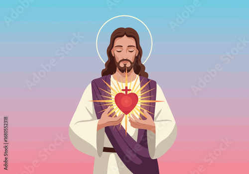 An illustration of Jesus with a heart with a cross in front of him on a blue and pink gradient background