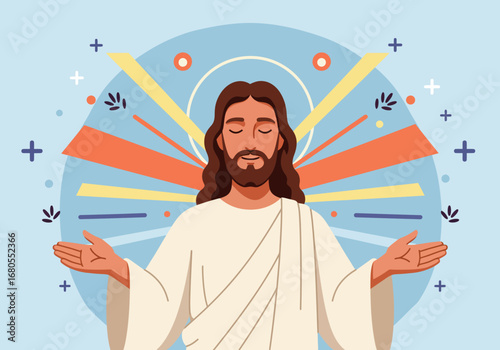An illustration shows Jesus with open arms against a light blue backdrop adorned with light rays crosses and circles