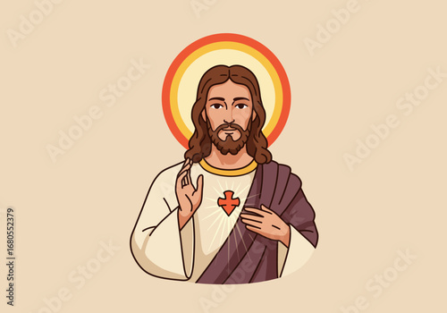An illustration of Jesus with a red and yellow halo hand raised wearing a tunic and robe