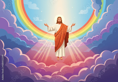 An illustration of Jesus Christ standing in the clouds with a rainbow in the sky