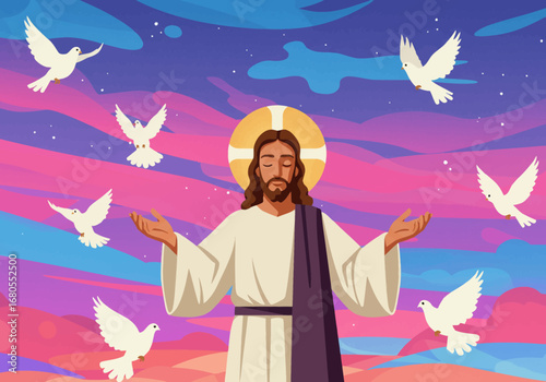 Cartoon figure with halo  beard stands among white doves against a colorful stylized sky
