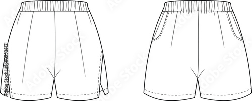 Elastic waistband shorts technical fashion flat sketch front view with pockets and side panel vent hem activewear casual vector apparel template