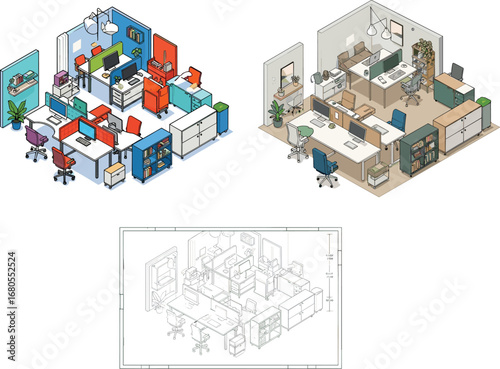 Isometric Office Layouts Featuring Colorful Workspace, Modern Interior Design, and Technical Blueprint for Furniture Placement Planning