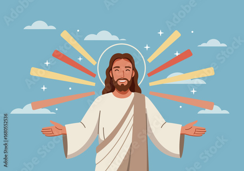 Cartoon Jesus stands with outstretched arms
