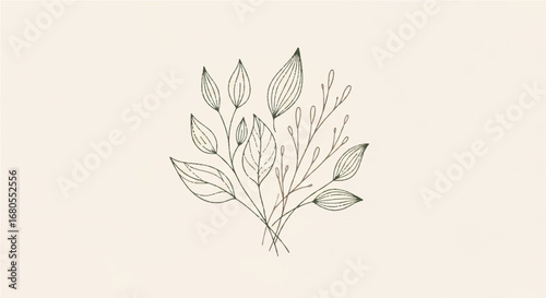 Botanical Illustration of a Delicate Floral Arrangement Featuring Stylized Leaves and Branches on a Soft Beige Background
