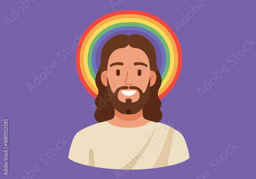 Cartoon Jesus with rainbow halo smiles against a purple backdrop