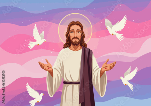 Digital art of Jesus Christ with a halo hands open surrounded by white doves against a wavy pink  blue sky