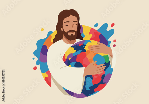 Figure with long hair holds colorful globe against a beige backdrop