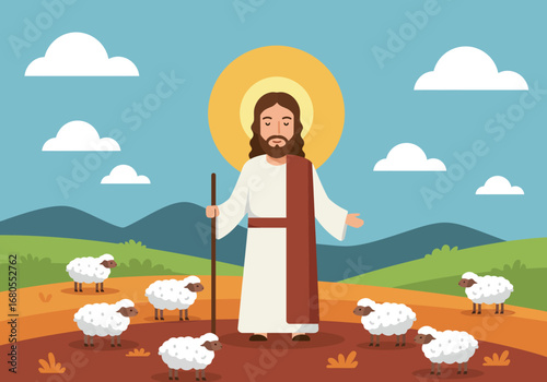 Illustrated shepherd with sheep in a field under a blue sky with clouds