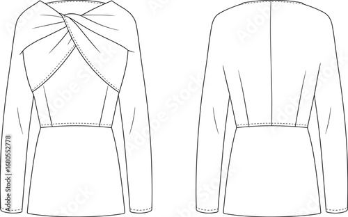 Elegant women’s fashion flat sketch of long sleeve twisted front top with off‑shoulder neckline, tailored fit, front and back views