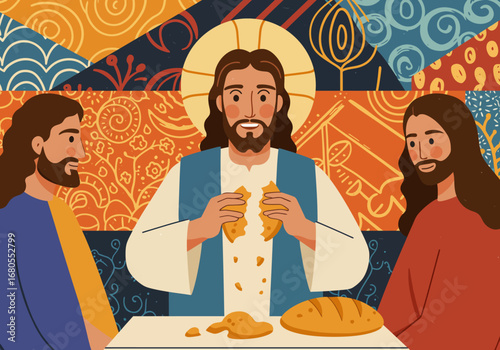 Illustrated Last Supper scene Jesus breaks bread with two apostles amid colorful geometric background
