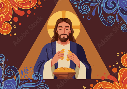 Illustration of Jesus Christ breaking bread adorned with swirls and circles against a tan and maroon backdrop