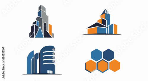Diverse set of geometric abstract building and structural logos, embodying innovation, urban development, and cutting-edge design for contemporary branding needs