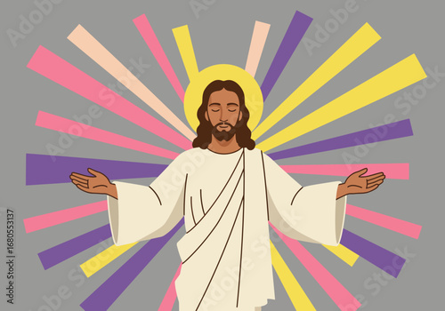 Illustration of Jesus with outstretched arms halo and radiating pastel colors on a gray background