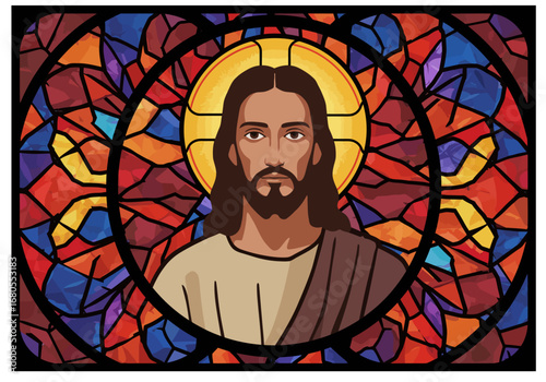 Image displays an illustrative stained glass depiction of Jesus Christ with a bright halo