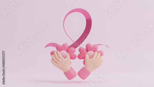 National breast cancer awareness campaign banner background with pink ribbon. Pink October. Breast cancer awareness month every year in October. Support, help, health, disease, hope. 3d rendering