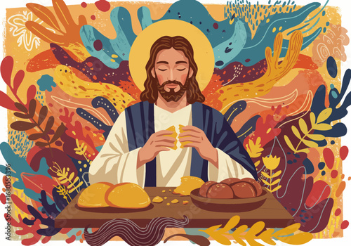 Jesus breaks bread halo colorful foliage backdrop table with loaves