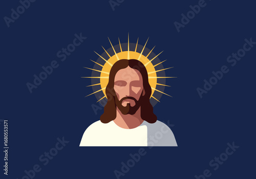 Jesus Christ illustration with halo against a dark blue background