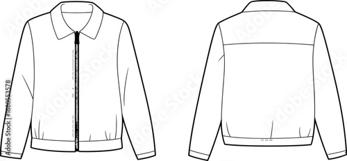 Flat technical fashion vector illustration of unisex zip front jacket with collar, cuffs, waistband, front and back garment views
