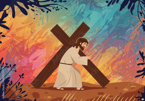 Jesus carries a wooden cross against an abstract colorful background