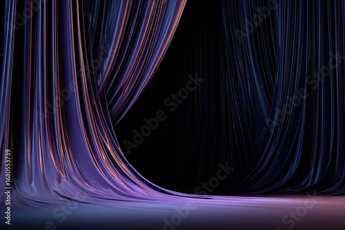Draped velvet stage curtains in rich purple and dark blue hues