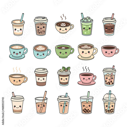 Adorable collection of various kawaii coffee, tea, and bubble tea drinks in charming cups and mugs with smiling faces