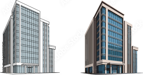 Modern office building illustration with glass windows, corporate architecture design, business skyscraper, commercial real estate vector