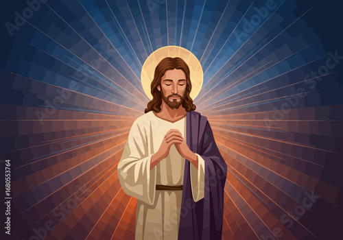 Jesus eyes closed hands clasped stands with a halo amid radiant light rays