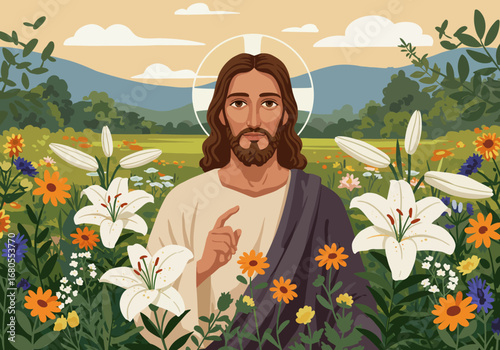 Jesus Christ stands in a colorful flower garden a halo around his head against a landscape backdrop