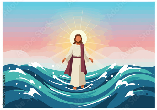 Jesus in a white robe walks on water under a radiant yellow sun