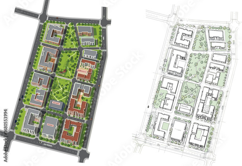 Isometric urban city block masterplan with buildings, roads, green spaces, residential housing, commercial structures, architectural planning illustration