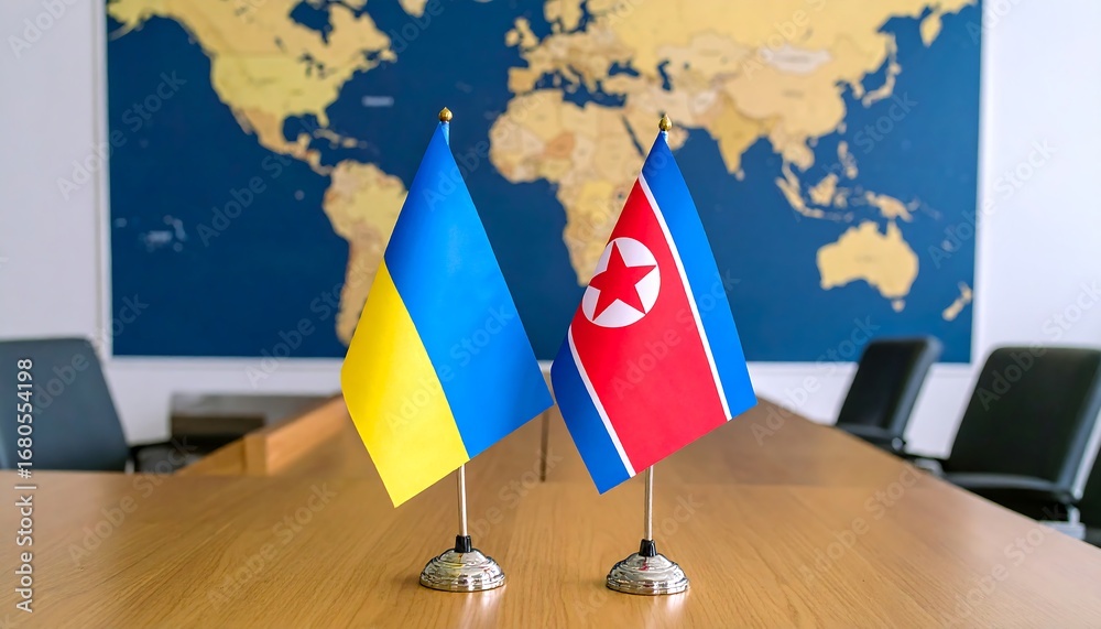 Naklejka premium Ukrainian and North Korean Flags on a Table with World Map Background