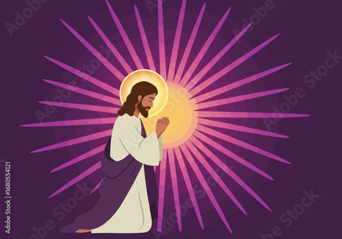 Jesus kneeling praying with a halo  radiant burst behind him