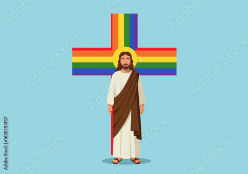 Jesus stands before a rainbow cross a symbol of inclusivity
