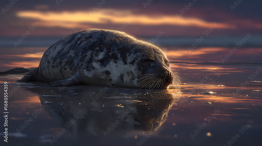 Obraz premium A lifelike seal rests on wet sand, its glossy skin catching the twilight glow as orange light reflects on the waves.