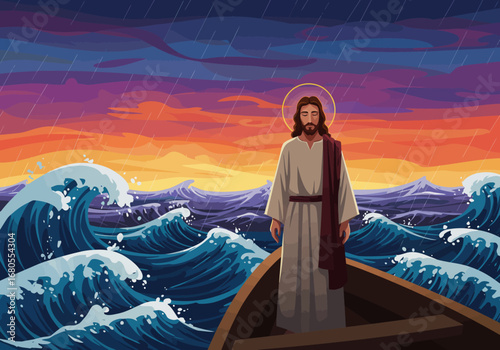 Jesus stands in a boat amidst a stormy sea rain falling under a colorful sky