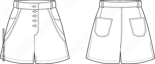High waisted shorts fashion flat sketch front and back view with button fly, belt loops, pockets, vector apparel design template
