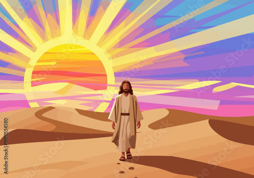 Jesus walks through a desert toward a sunsetsunrise with yellow rays and pink and blue clouds