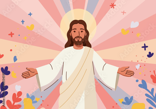 Jesus with halo in a white robe stands with open arms against a backdrop of pastel sunbursts