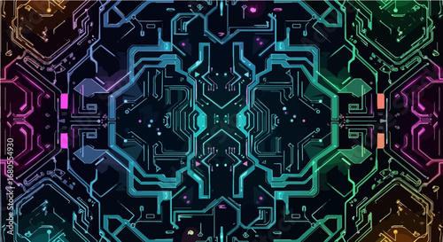 A vibrant and complex digital illustration of a futuristic motherboard with glowing symmetrical circuits and neon data streams, representing cyberspace and advanced technology