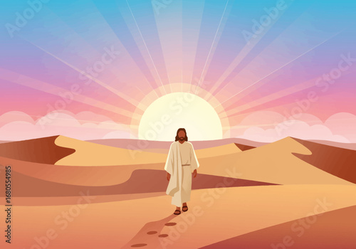 Man walking in the desert A sun with rays of light shines in the background casting shadows on the sand