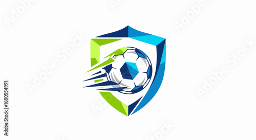 Modern sports shield logo featuring a dynamic soccer ball with speed lines. An emblem for a football team, tournament, or athletic club