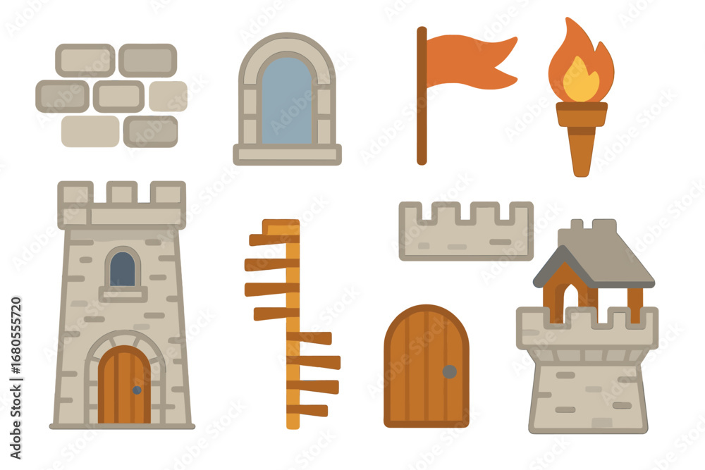 Naklejka premium Ancient Watchtower Icons. Flat vector mini-illustrations ancient watchtower in colors children's illustrations: stone bricks,