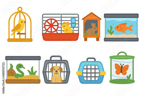 Animal Cage Icons. Flat vector mini-illustrations animal cages in colors children's illustrations: bird cage, hamster cage, rabbit
