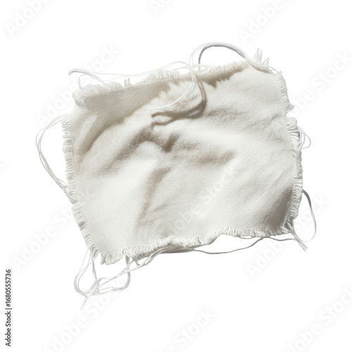 Frayed white fabric square with loose threads on transparent background