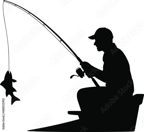 Silhouette of Man Fishing on Boat, Catching Fish with Rod, Outdoor Leisure Activity, Sport Fishing, Relaxation, Nature and Water