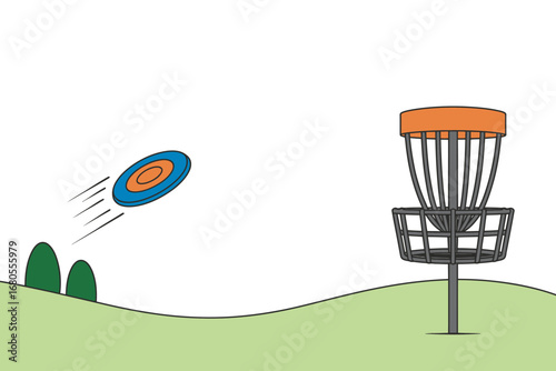 Simple vector illustration of a disc golf game, with a blue disc flying towards an orange target basket on a green park lawn